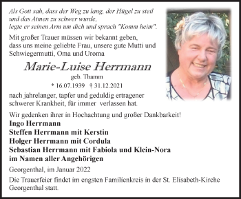 Traueranzeige von Marie-Luise Herrmann von Thüringer Allgemeine, Thüringische Landeszeitung