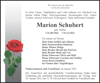 Traueranzeige von Marion Schubert von Thüringer Allgemeine, Thüringische Landeszeitung