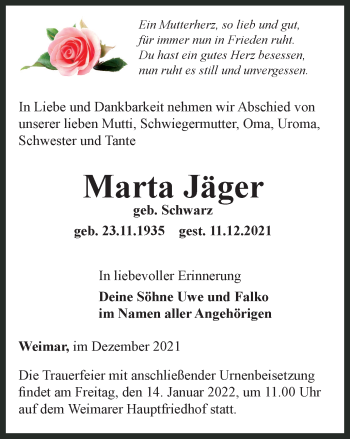 Traueranzeige von Marta Jäger von Thüringer Allgemeine, Thüringische Landeszeitung
