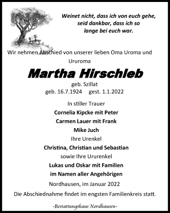 Traueranzeige von Martha Hirschleb von Thüringer Allgemeine