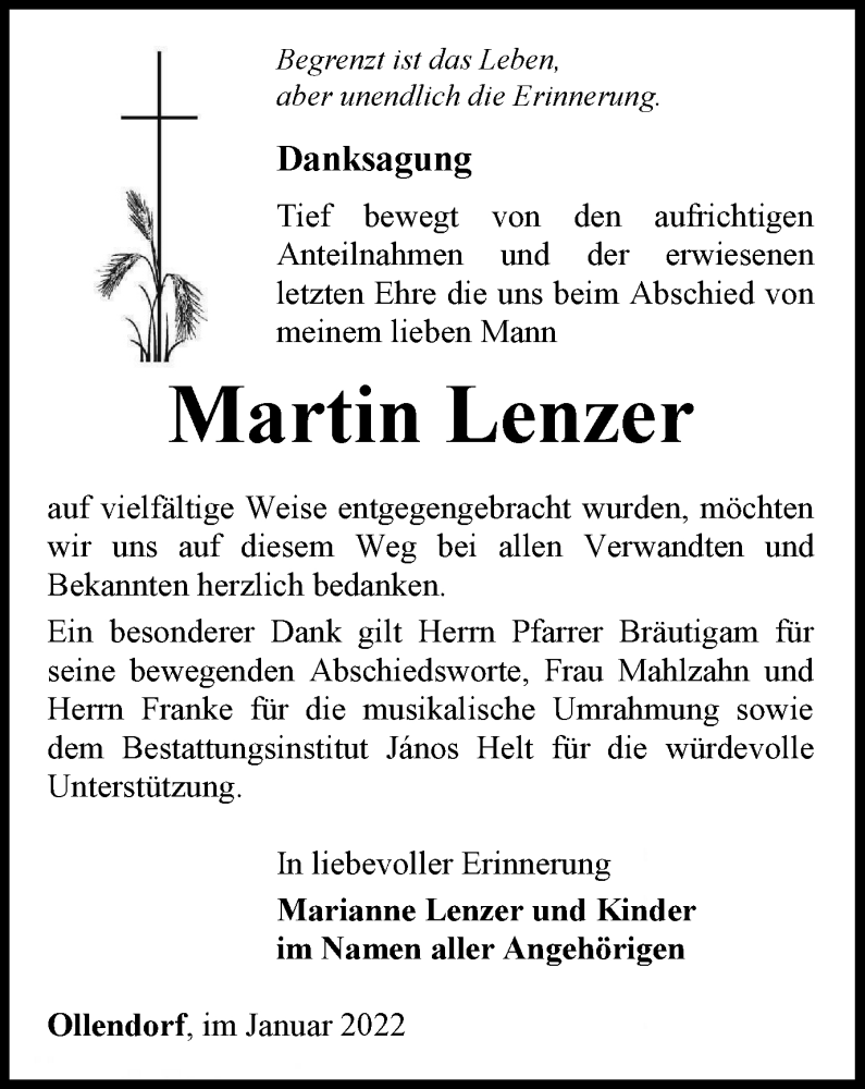  Traueranzeige für Martin Lenzer vom 22.01.2022 aus Thüringer Allgemeine, Thüringische Landeszeitung