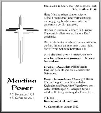 Traueranzeige von Martina Poser von Ostthüringer Zeitung