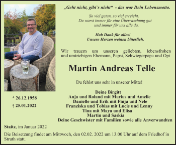 Traueranzeige von Martin Andreas Telle von Ostthüringer Zeitung