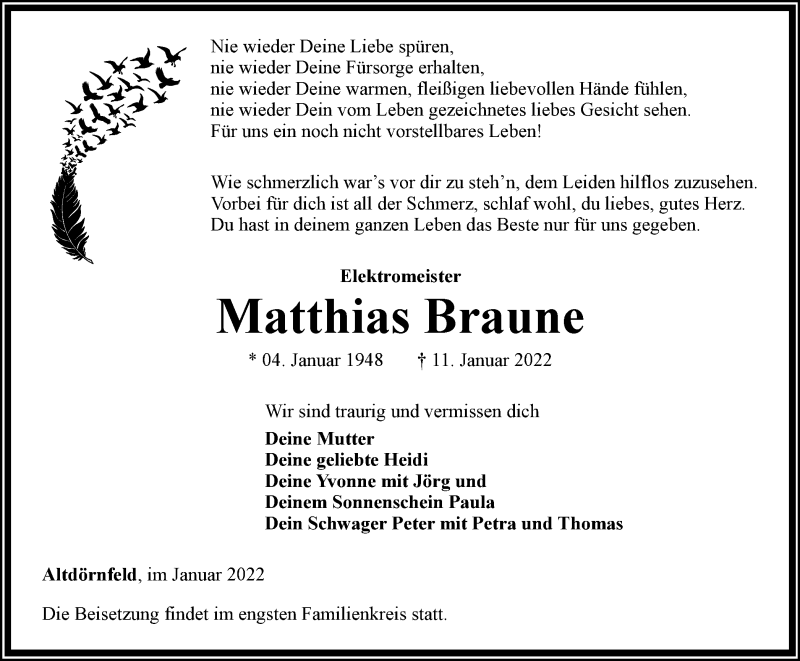  Traueranzeige für Matthias Braune vom 15.01.2022 aus Thüringer Allgemeine, Thüringische Landeszeitung