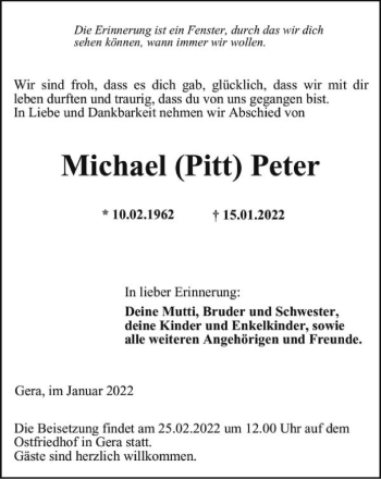 Traueranzeige von Michael Peter von Ostthüringer Zeitung