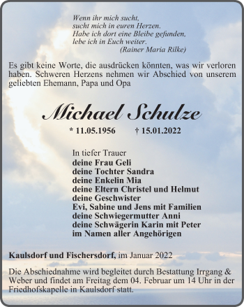 Traueranzeige von Michael Schulze von Ostthüringer Zeitung