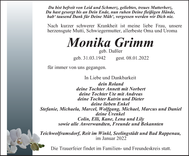  Traueranzeige für Monika Grimm vom 14.01.2022 aus Ostthüringer Zeitung