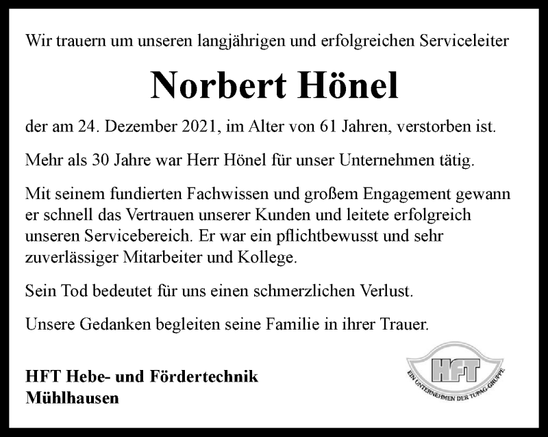  Traueranzeige für Norbert Hönel vom 04.01.2022 aus Thüringer Allgemeine, Thüringische Landeszeitung