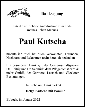 Traueranzeige von Paul Kutscha von Ostthüringer Zeitung