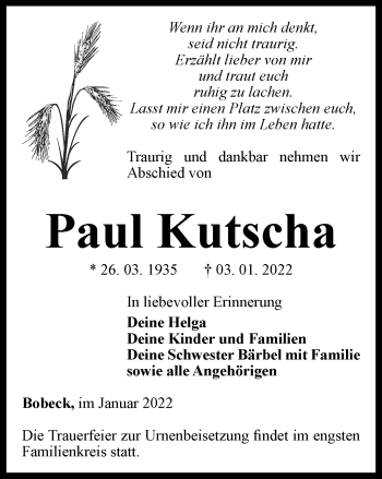 Traueranzeige von Paul Kutscha von Ostthüringer Zeitung