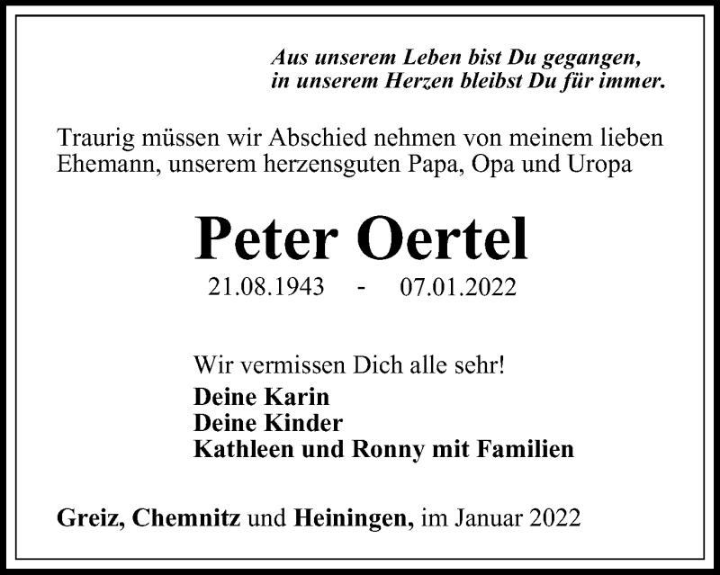  Traueranzeige für Peter Oertel vom 14.01.2022 aus Ostthüringer Zeitung