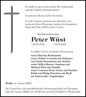 Traueranzeige von Peter Wüst von Ostthüringer Zeitung