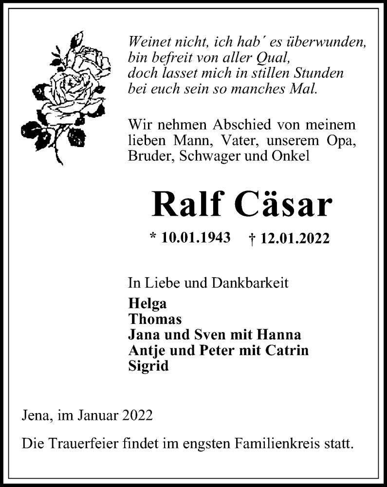  Traueranzeige für Ralf Cäsar vom 15.01.2022 aus Ostthüringer Zeitung, Thüringische Landeszeitung
