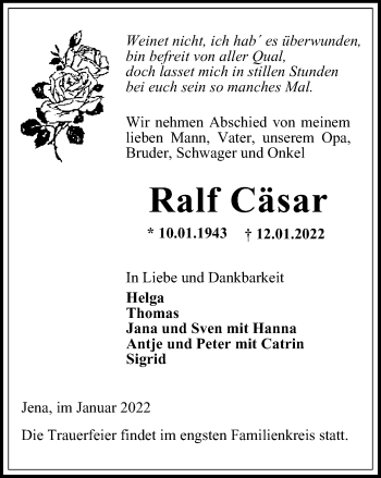 Traueranzeige von Ralf Cäsar von Ostthüringer Zeitung, Thüringische Landeszeitung