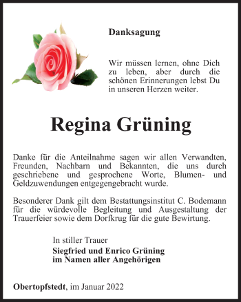 Traueranzeige von Regina Grüning von Thüringer Allgemeine