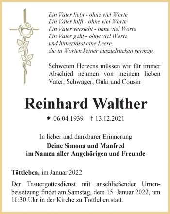 Traueranzeige von Reinhard Walther von Thüringer Allgemeine, Thüringische Landeszeitung