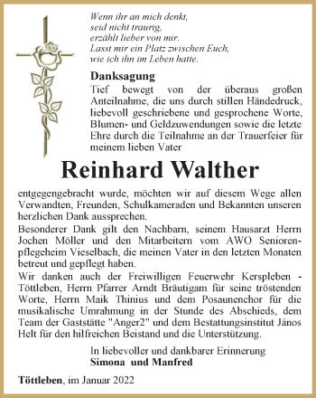 Traueranzeige von Reinhard Walther von Thüringer Allgemeine, Thüringische Landeszeitung
