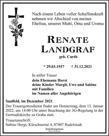 Traueranzeige von Renate Landgraf von Ostthüringer Zeitung