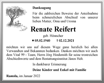 Traueranzeige von Renate Reifer von Thüringer Allgemeine, Thüringische Landeszeitung