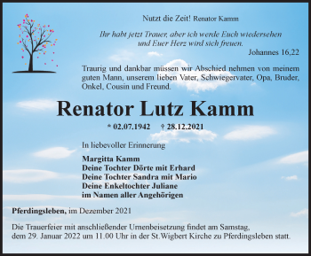 Traueranzeige von Renator Lutz Kamm von Thüringer Allgemeine, Thüringische Landeszeitung