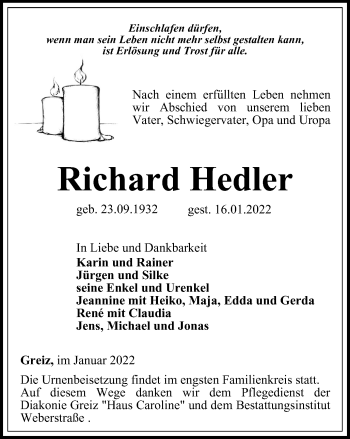 Traueranzeige von Richard Hedler von Ostthüringer Zeitung