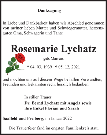 Traueranzeige von Rosemarie Lychatz von Ostthüringer Zeitung