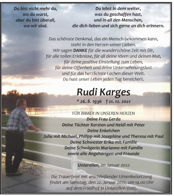 Traueranzeige von Rudi Karges von Thüringer Allgemeine, Thüringische Landeszeitung