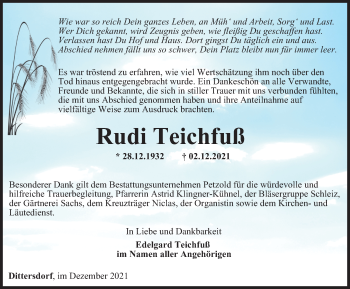 Traueranzeige von Rudi Teichfuß von Ostthüringer Zeitung