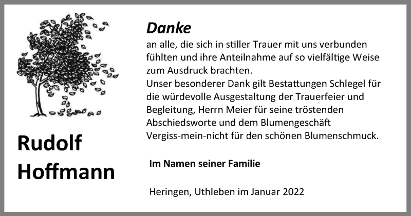  Traueranzeige für Rudolf Hoffmann vom 08.01.2022 aus Thüringer Allgemeine