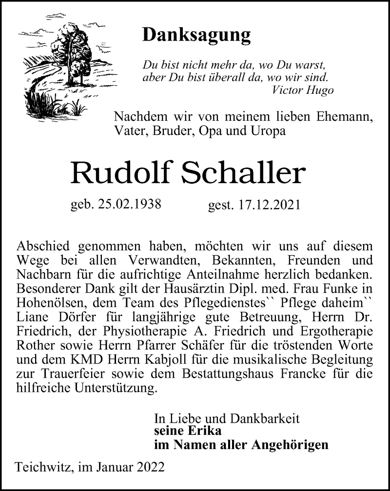  Traueranzeige für Rudolf Schaller vom 29.01.2022 aus Ostthüringer Zeitung
