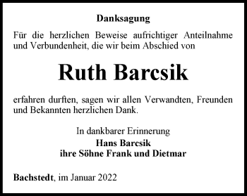 Traueranzeige von Ruth Barcsik von Thüringer Allgemeine, Thüringische Landeszeitung