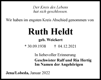 Traueranzeige von Ruth Heldt von Ostthüringer Zeitung, Thüringische Landeszeitung