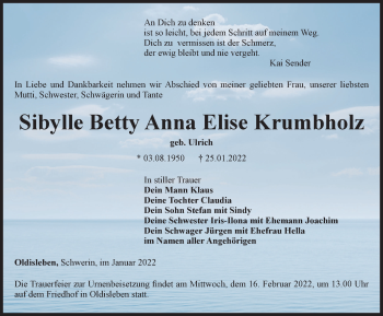 Traueranzeige von Sibylle Betty Anna Elise Krumbholz von Thüringer Allgemeine