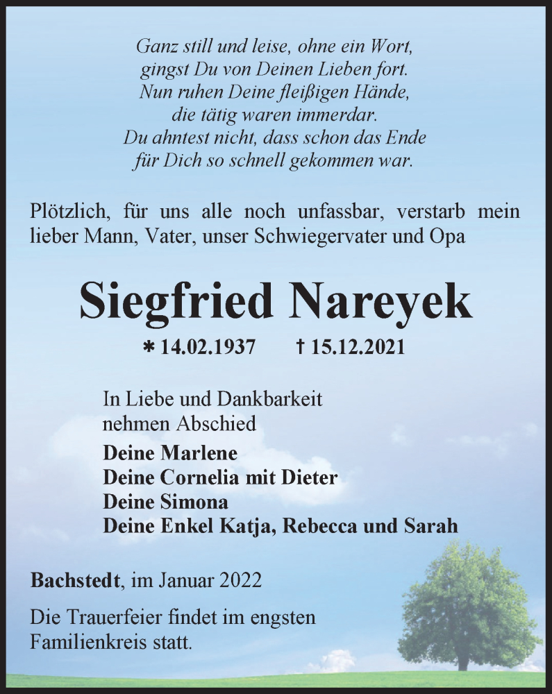  Traueranzeige für Siegfried Nareyek vom 08.01.2022 aus Thüringer Allgemeine, Thüringische Landeszeitung