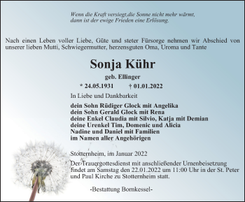 Traueranzeige von Sonja Kühr von Thüringer Allgemeine, Thüringische Landeszeitung