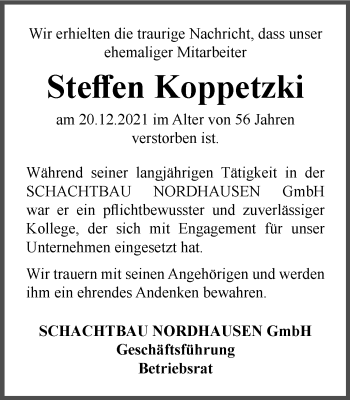 Traueranzeige von Steffen Koppetzki von Thüringer Allgemeine
