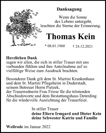 Traueranzeige von Thomas Kein von Thüringer Allgemeine