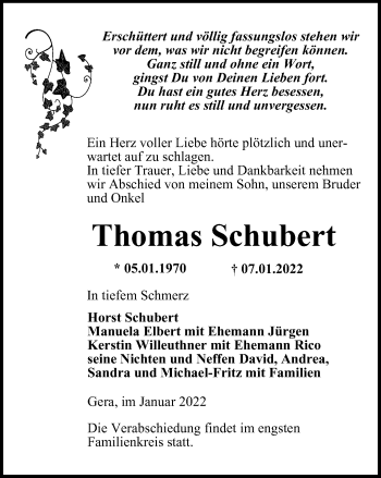 Traueranzeige von Thomas Schubert von Ostthüringer Zeitung