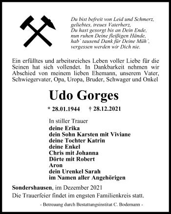 Traueranzeige von Udo Gorges von Thüringer Allgemeine