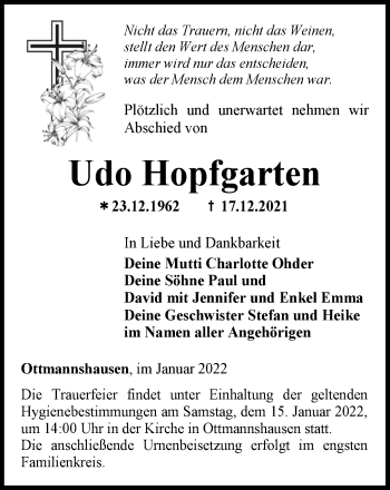 Traueranzeige von Udo Hopfgarten von Thüringer Allgemeine, Thüringische Landeszeitung