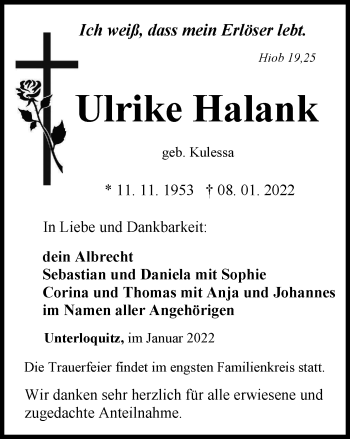 Traueranzeige von Ulrike Halank von Ostthüringer Zeitung