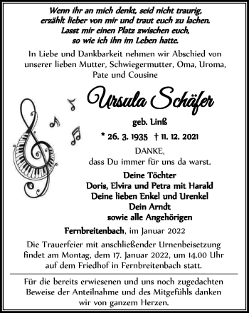 Traueranzeige von Ursaula Schäfer von Thüringer Allgemeine, Thüringische Landeszeitung