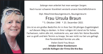 Traueranzeige von Ursula Braun