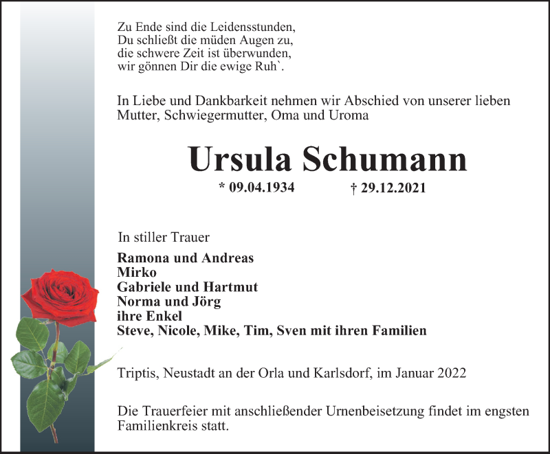  Traueranzeige für Ursula Schumann vom 08.01.2022 aus Ostthüringer Zeitung