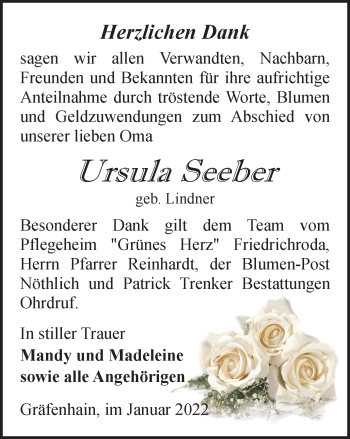 Traueranzeige von Ursula Seeber von Thüringer Allgemeine, Thüringische Landeszeitung