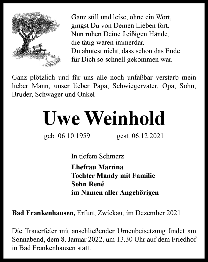  Traueranzeige für Uwe Weinhold vom 04.01.2022 aus Thüringer Allgemeine