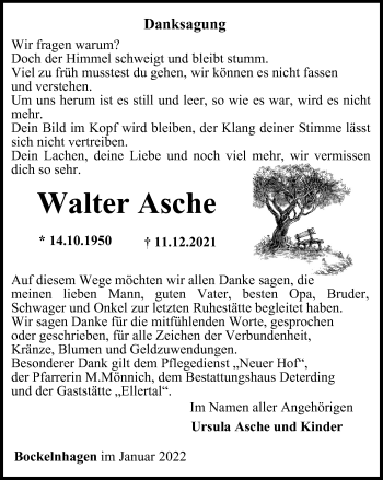 Traueranzeige von Walter Asche von Thüringer Allgemeine