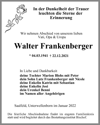Traueranzeige von Walter Frankenberger