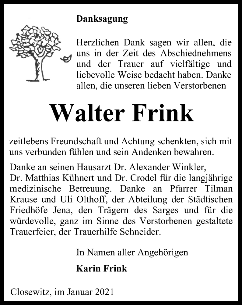  Traueranzeige für Walter Frink vom 07.01.2022 aus Ostthüringer Zeitung, Thüringische Landeszeitung