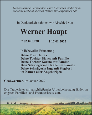 Traueranzeige von Werner Haupt von Thüringer Allgemeine